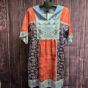 Boho Patchwork Dress Size Medium Blue Rust Floral Short Sleeve Tunic Dress